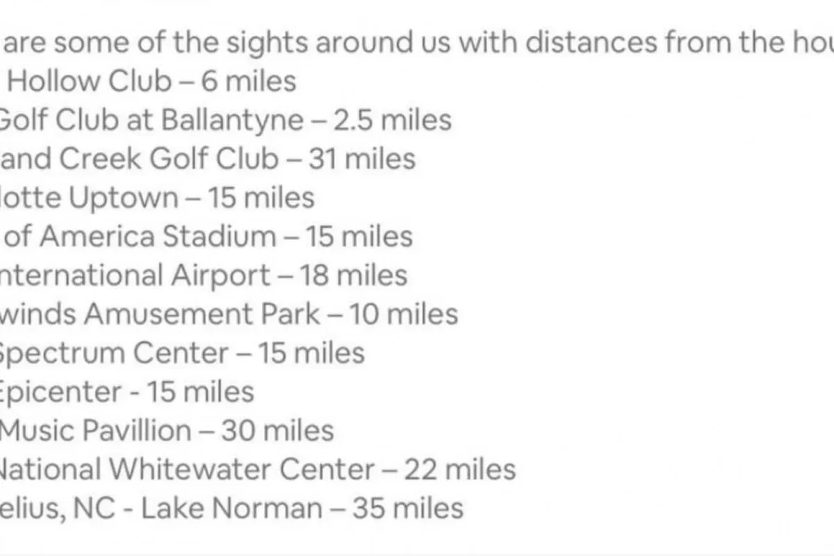 A detailed list is displayed with nearby sights and the distances from the house. The list is visible on a wall or tabletop, providing information about local amenities and attractions such as amusement parks, stadiums, and other points of interest.